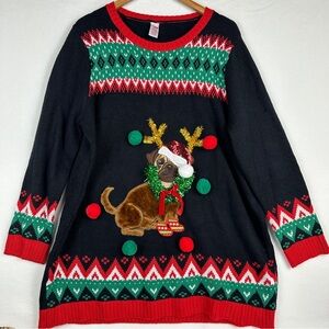 Holiday Time Ugly Christmas Sweater Mini Dress Women 1X Pug Dog Tinsel Pom Poms